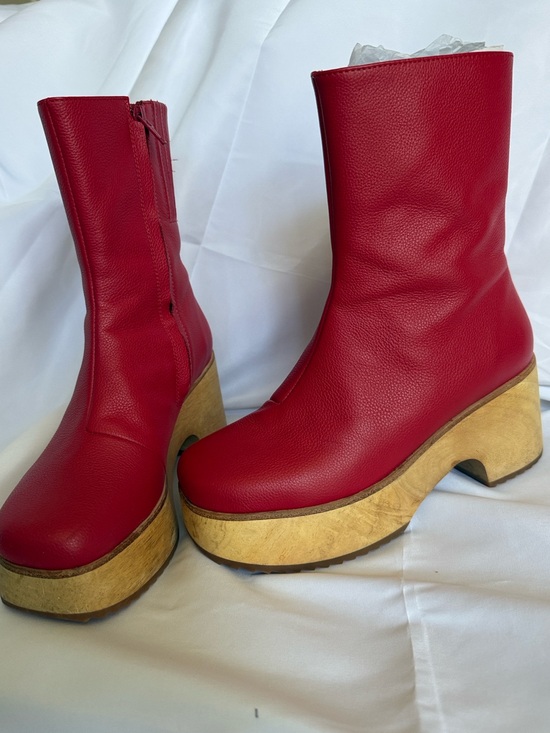 Charlotte Stone Shoes - Charlotte Stone Red Leather Wood Platform Mid-Calf “Isla” Boots • 7
